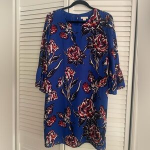 Deep Blue Floral Dress with 3/4 Ruffle Sleeves